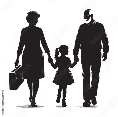 grandparents walking with granddaughter vector silhouette Illustration 