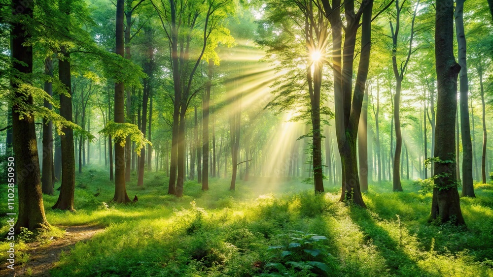 Obraz premium Serene morning in lush green forest with sunlight filtering through trees, nature, forest, sunlight, trees, green, tranquil