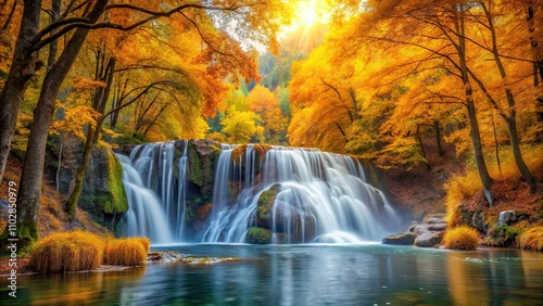 Beautiful autumn landscape with yellow trees and waterfall, autumn, landscape, yellow trees, waterfall, scenic, nature