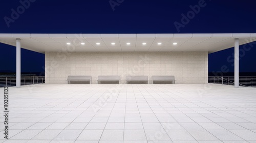 Modern Minimalist Architecture  Nighttime Terrace with Benches