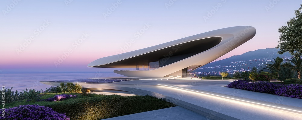 A modern architectural structure with a sleek design, positioned by the sea, surrounded by greenery and illuminated pathways at sunset. A modern architectural structure with a sleek design, positioned by the sea, surrounded by greenery and illuminated pathways at sunset.