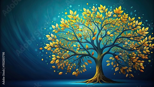 Colorful Tree of Life with yellow leaves on blue background, using dark gold and aquamarine color palettes, colorful photo