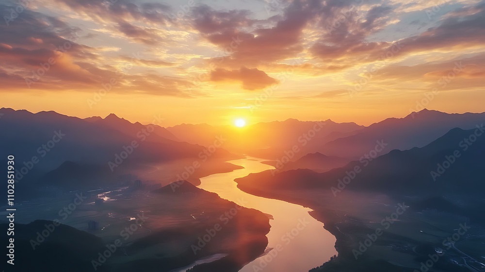 Majestic Sunrise Over Mountainous River Valley Majestic Sunrise Over Mountainous River Valley