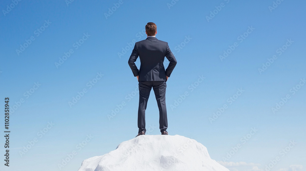 Peak Performance: Businessman standing on a mountaintop, gazing at a clear blue sky. A symbol of ambition, success, and reaching new heights. Peak Performance: Businessman standing on a mountaintop, gazing at a clear blue sky. A symbol of ambition, success, and reaching new heights.