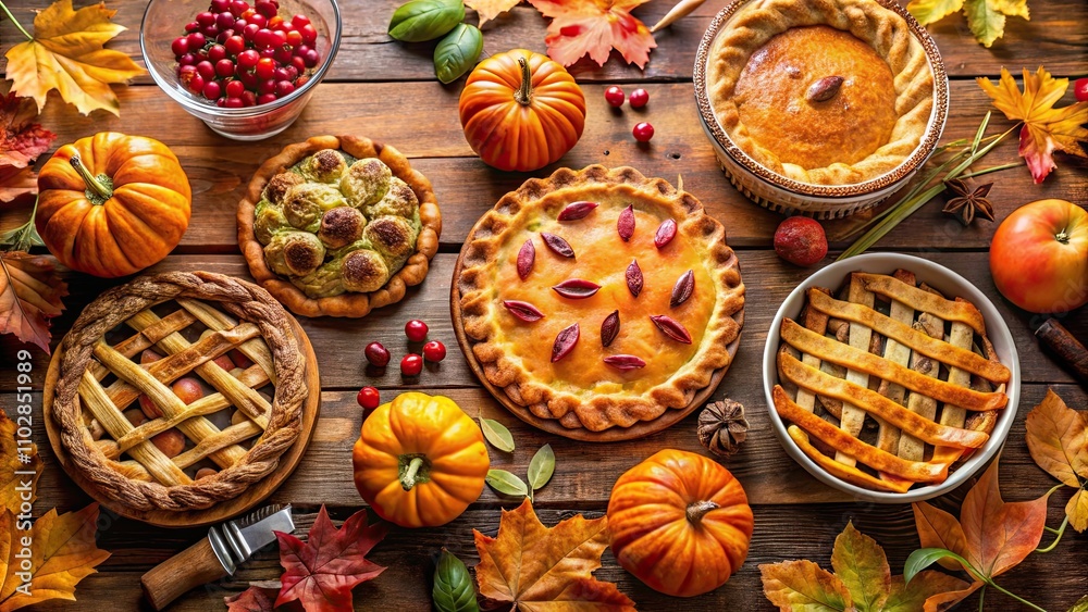 Autumnal feast table setting with an assortment of savory and sweet pies surrounded by fall decorations , autumn, feast Autumnal feast table setting with an assortment of savory and sweet pies surrounded by fall decorations , autumn, feast