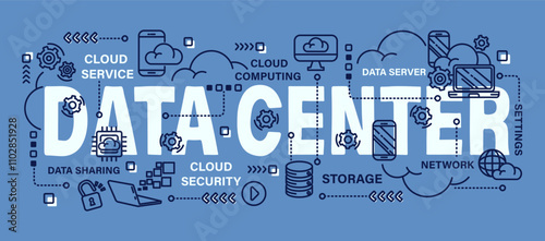 Data center. Cloud computing concept . Word with line icon art banner style . Editable stroke . Vector .