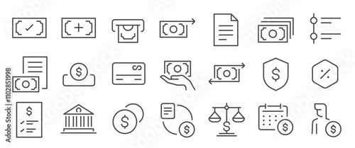 Financial app icon set. It includes finance, money, exchange, currency, and more icons. Editable Vector Stroke.