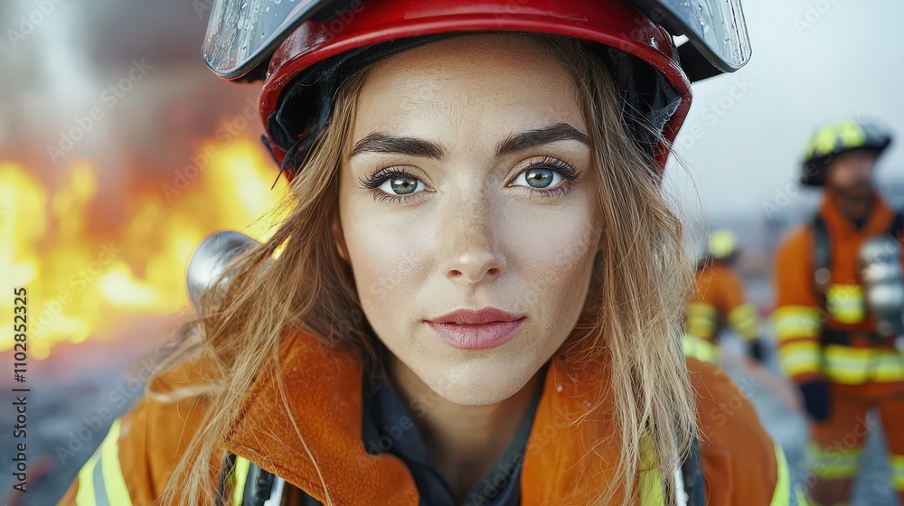 Brave Female Firefighter  Intense Fire Scene  Emergency Response  Closeup Portrait