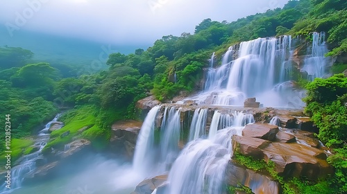 Majestic Waterfall cascading through Lush Green Mountains