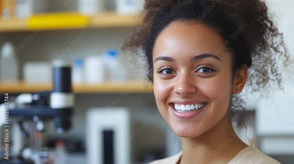 Portrait of a Young Woman Holding Plaque in Bright Lab with Hopeful Smile Portrait of a Young Woman Holding Plaque in Bright Lab with Hopeful Smile