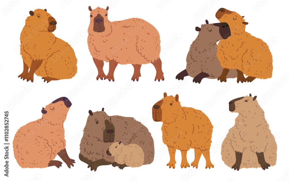 Fototapeta premium Set of cute capybaras in different colors, poses, including a couple and baby capybaras.