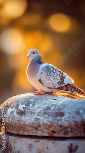 A pigeon perched on a stone surface with a warm, blurred background. photo