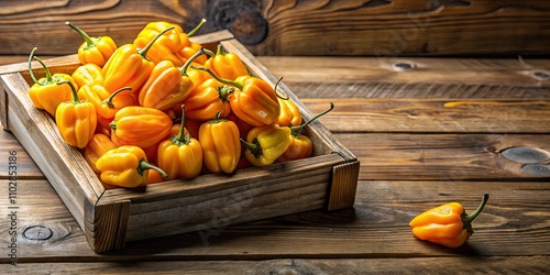 Ripened yellow habanero peppers in wooden box close up, habanero, peppers, capsicum chinense, ripe, yellow, spicy, Mexican
