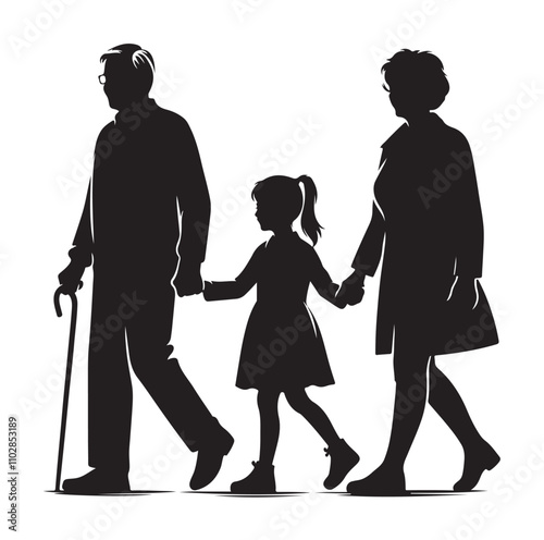 grandparents walking with granddaughter vector silhouette Illustration 
