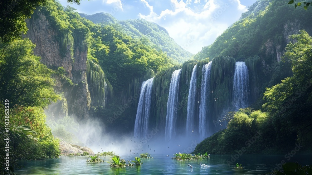 Fototapeta premium Majestic waterfall cascading through lush greenery, towering mountains provide a breathtaking backdrop, a serene natural landscape teeming with vibrant flora and tranquil beauty