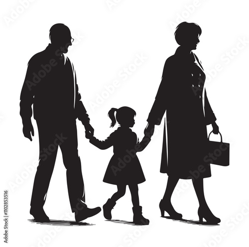 grandparents walking with granddaughter vector silhouette Illustration 