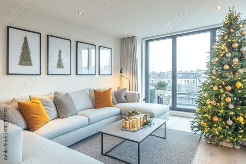 Wallpaper Mural Bright and airy living room with white sofa, green Christmas tree decorated with yellow accents, grey carpet, and black-framed pictures on a white wall, ample sunshine from floor-to-ceiling windows. Torontodigital.ca