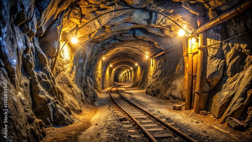Naklejka premium Underground mine passage shot at an angle , mine, tunnel, underground, depth, darkness, industrial, exploration