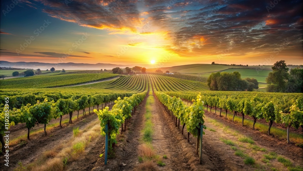 Fototapeta premium Vineyard agricultural fields in countryside at sunrise , vineyard, agriculture, fields, countryside, landscape, aerial view