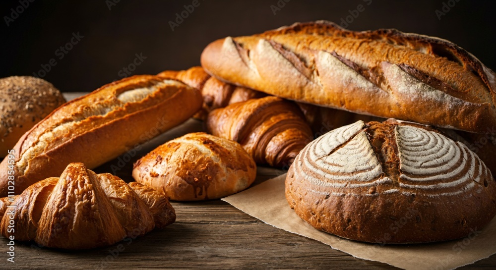 Freshly baked bread and pastries displayed on a rustic wooden counter Freshly baked bread and pastries displayed on a rustic wooden counter