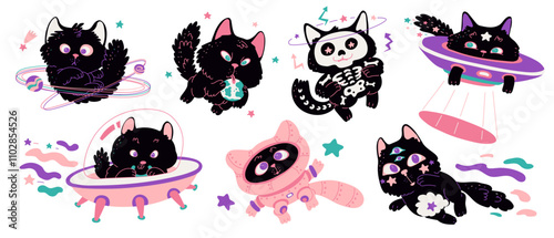 Set of space cats in different actions on an isolated white background.