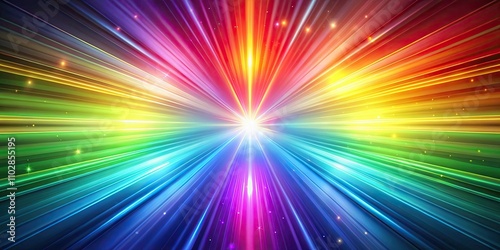 Rainbow light rays flashing and glowing against abstract holographic background, prism, refraction