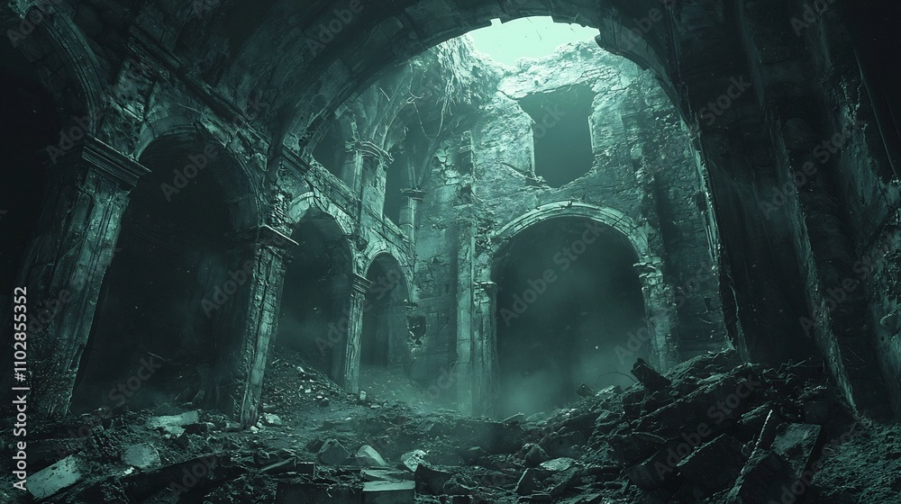 Fototapeta premium Fantasy Adventure Scenery, Haunting Ruins of an Ancient Subterranean Cavern with Ghostly Wanderers