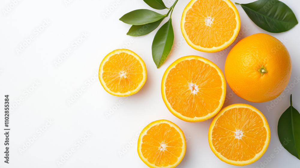 Fresh Orange Slices: A vibrant arrangement of juicy orange slices with green leaves, capturing the essence of freshness and natural goodness. Fresh Orange Slices: A vibrant arrangement of juicy orange slices with green leaves, capturing the essence of freshness and natural goodness.