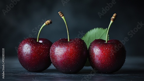 Three fresh, ripe cherries, with water droplets, on a dark surface, with a leaf. photo