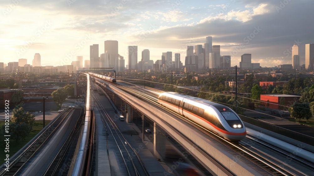 Fototapeta premium Railway overpass with a sleek modern train speeding across, urban skyline in the background