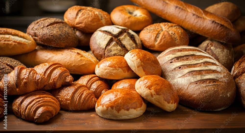 Freshly baked bread and pastries displayed on a rustic wooden counter Freshly baked bread and pastries displayed on a rustic wooden counter
