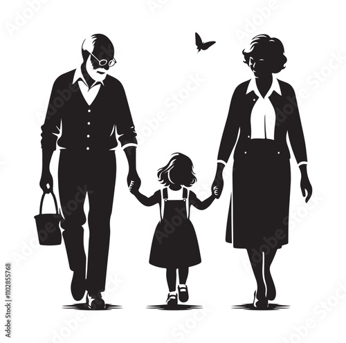 grandparents walking with granddaughter vector silhouette Illustration 