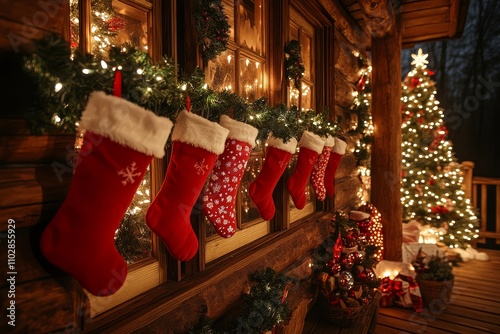 Christmas stockings and decorations hanging from wooden cabin eaves with lighted Christmas tree at night, festive market hut view.