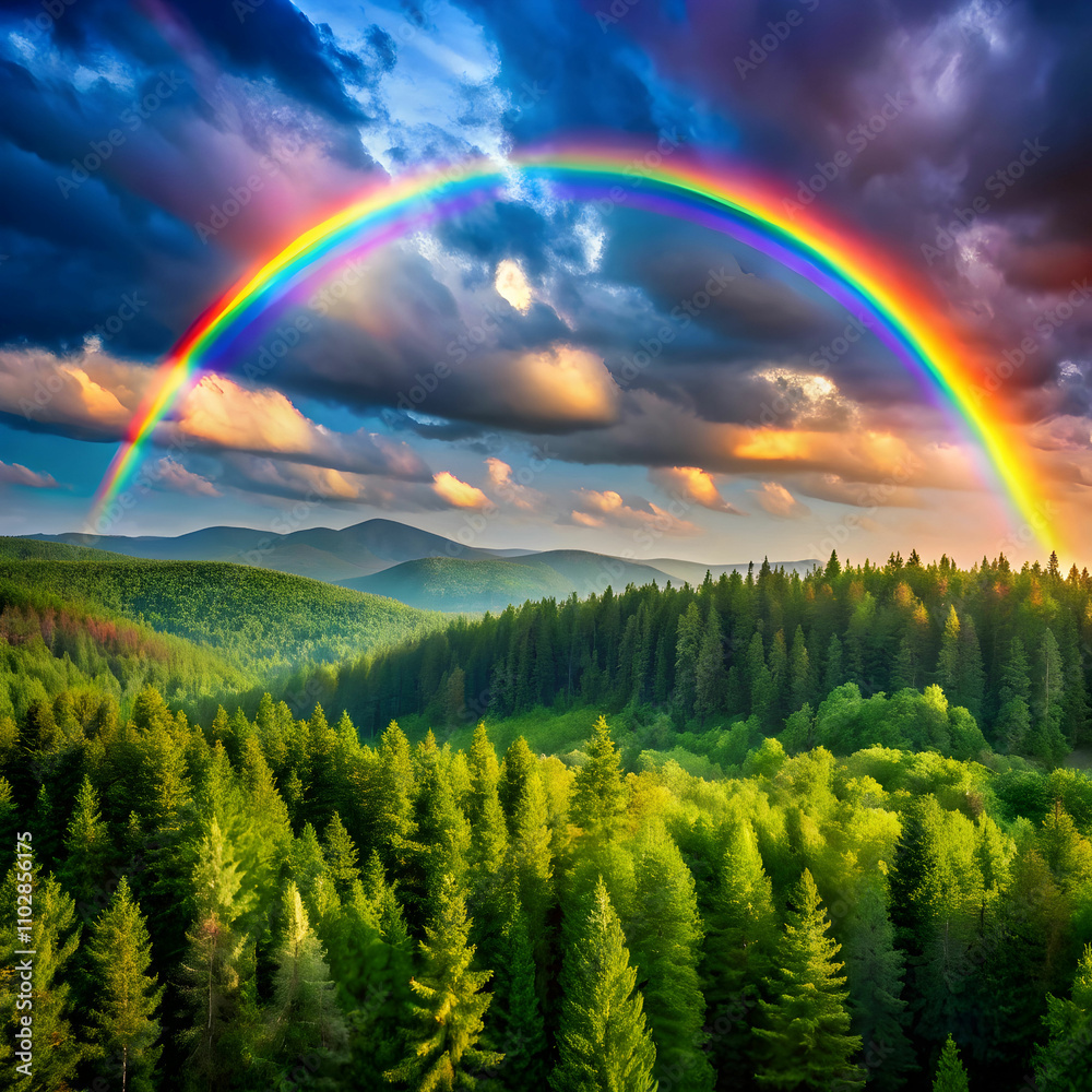 Obraz premium a rainbow is seen in the sky above a forest