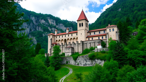 The imposing structure of the medieval Sacra di San Michele abbey in Susa Valley, Italy photo