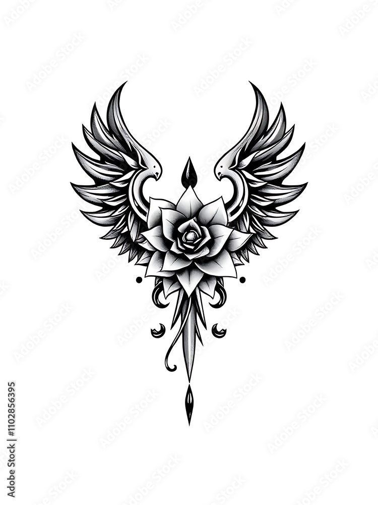 Elegant Black and White Rose and Wings Tattoo Design Illustration. AI Generated Elegant Black and White Rose and Wings Tattoo Design Illustration. AI Generated