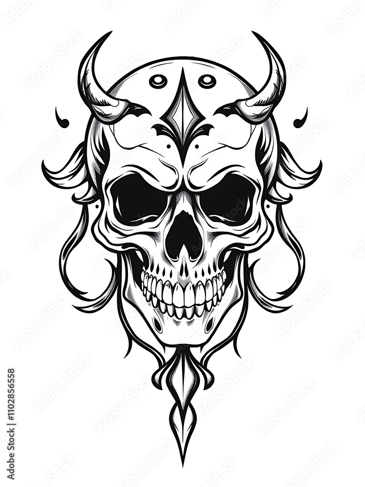 Fototapeta premium Ornate Devil Skull: Black Ink Illustration. AI Generated
