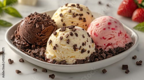 Three scoops of assorted ice cream on a white plate with chocolate chips.