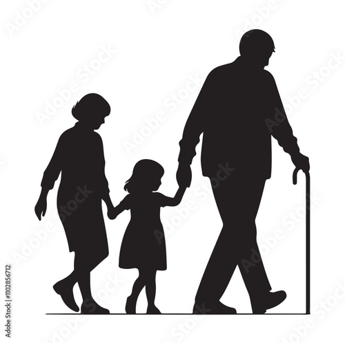 grandparents walking with granddaughter vector silhouette Illustration 