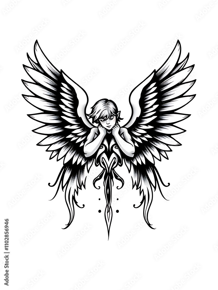 Obraz premium Intricate Black and White Angel Illustration: A Seraph Design. AI Generated