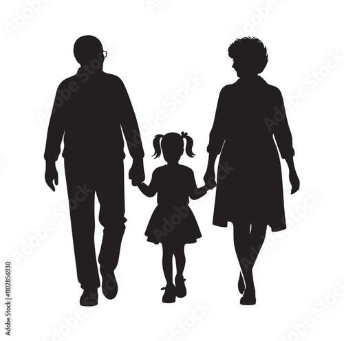 grandparents walking with granddaughter vector silhouette Illustration 