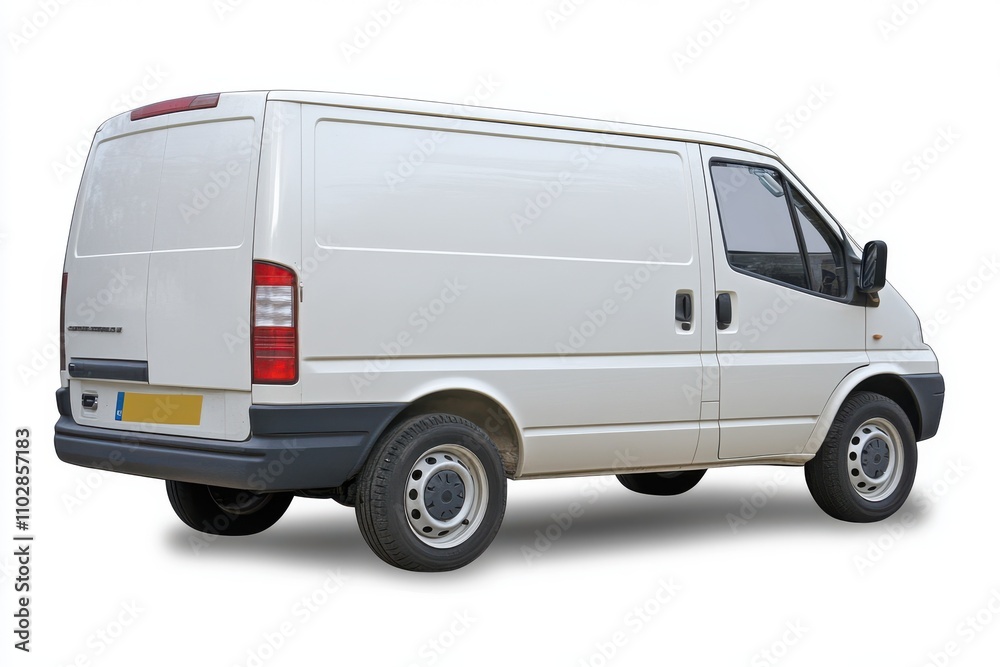 A clean white delivery van, showcasing a three-quarter rear perspective A clean white delivery van, showcasing a three-quarter rear perspective