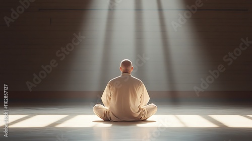Serene Meditation: A Man Finds Inner Peace in a Sunlit Temple. AI Generated