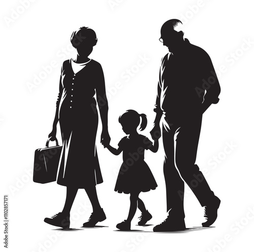 grandparents walking with granddaughter vector silhouette Illustration 