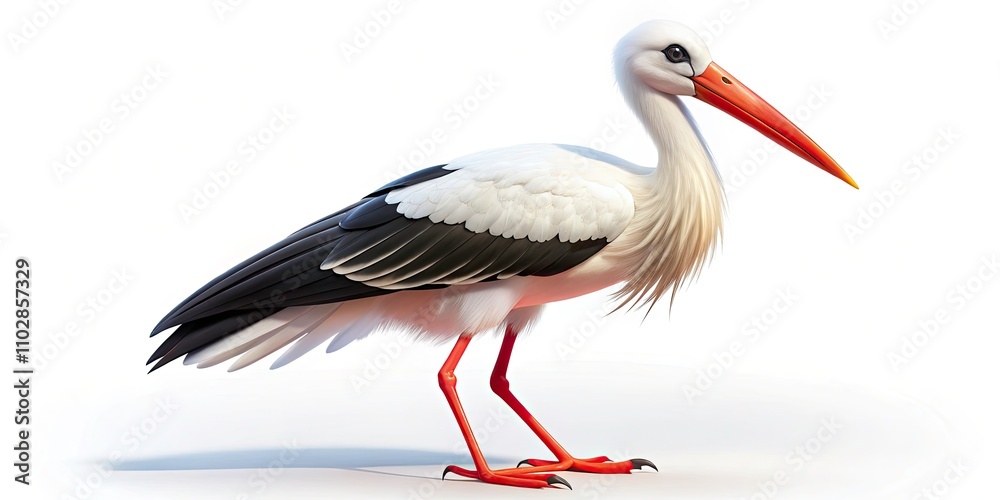 Cartoon Stork Bird Illustration, White Background, Drone Photography Style, Animal Character Cartoon Stork Bird Illustration, White Background, Drone Photography Style, Animal Character