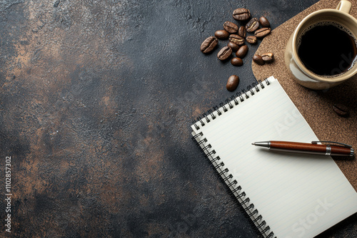 notepad lies open with pen on top, surrounded by coffee beans and cup of coffee, creating cozy workspace atmosphere