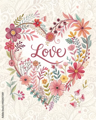 Happy Valentine's Day. Vector watercolor illustration of a heart made of petals, the word 