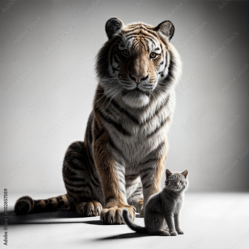 Fototapeta premium tiger and cat posing together on dramatic light and isolated background studio