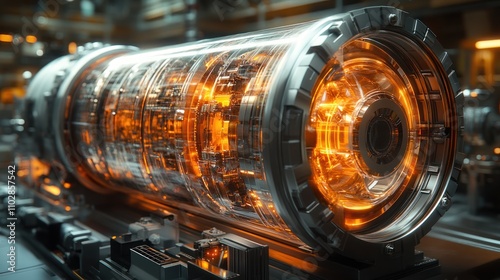 Hyper-detailed view of a transparent water turbine in a futuristic hydropower station, showing the inner workings of the machine. photo