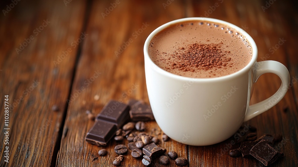 White mug of hot chocolate with chocolate shavings, pieces of dark chocolate, and coffee beans on a rustic wooden table. White mug of hot chocolate with chocolate shavings, pieces of dark chocolate, and coffee beans on a rustic wooden table.